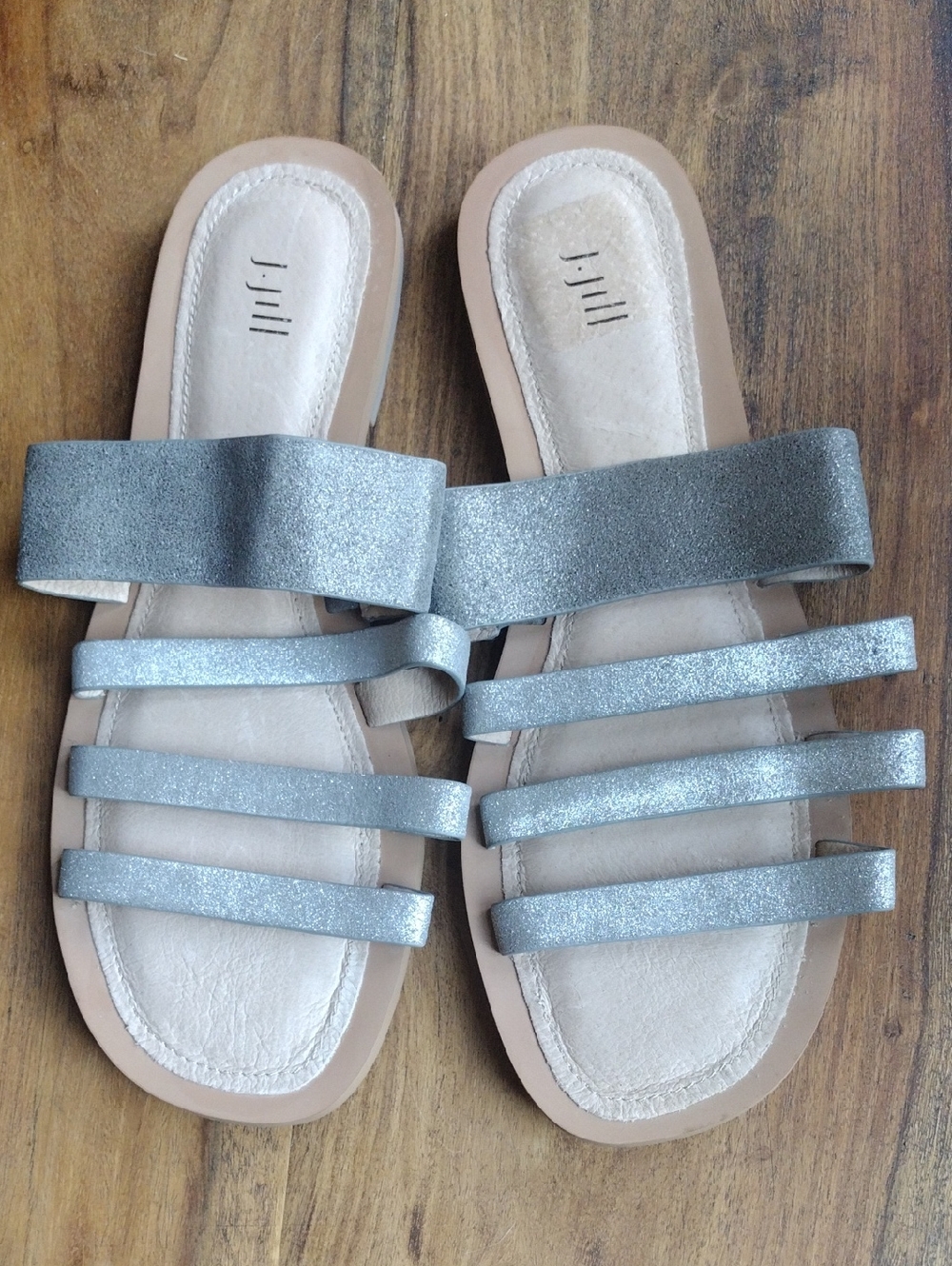 J Jill Silver Gray Sparkle Strappy Leather Slide Sandals Size 9